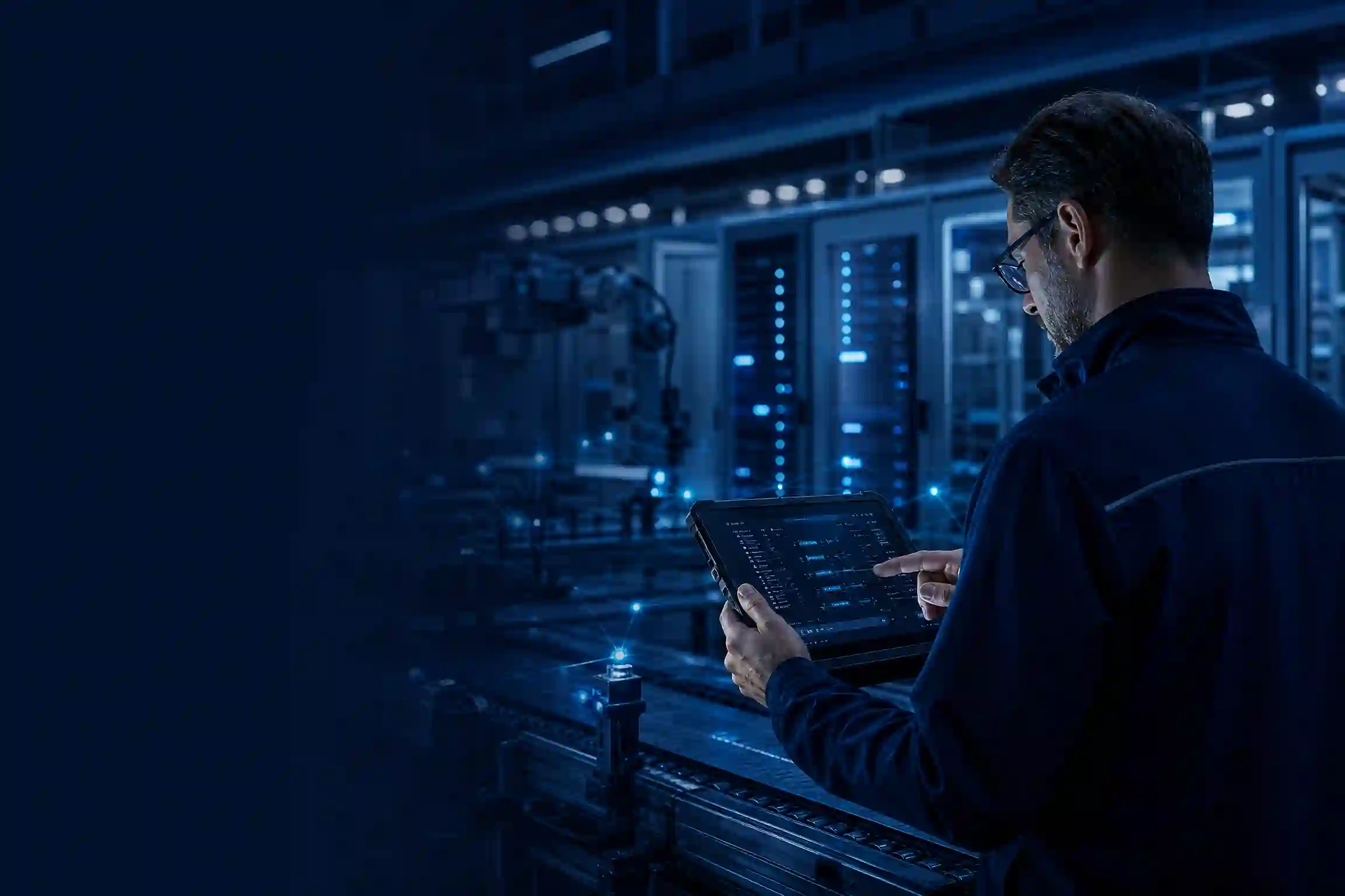 Especialista analisando dados operacionais em ambiente industrial