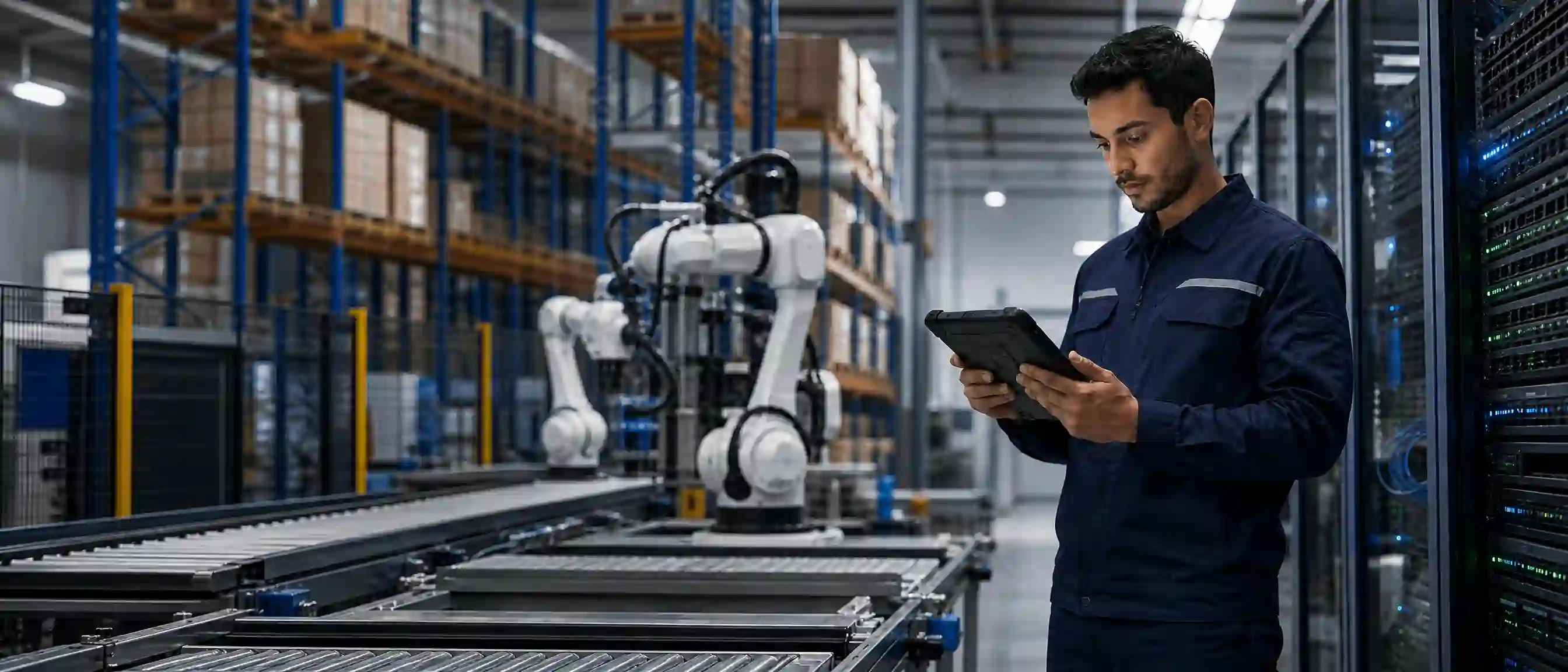 Especialista com tablet acompanhando linha de produção automatizada